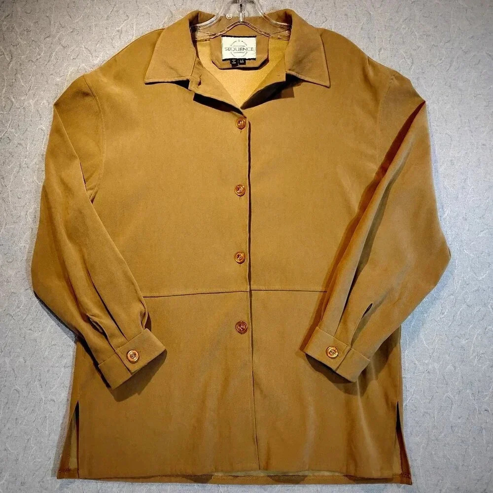 Sequence  Autumn Summer Women's Tan Long Sleeve Button Down Tunic in Large